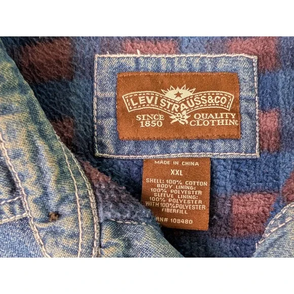 Levi's Denim Chore Jacket Men's XXL Blue Fleece Lined Plaid Heavyweight Shacket - Picture 2 of 8